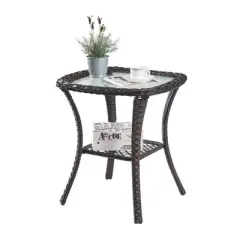 POCASSY Wicker Rattan Side Table With Built-In Tempered Glass Patio End Table