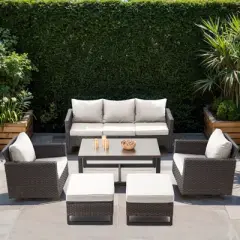 POCASSY 6 Pieces Patio Furniture Set, Steel Frame Brown Wicker Outdoor Furniture with 3-Seater Sofa Swivel Patio Chair Coffee Table and Ottoman