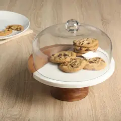 Gibson Elite Ridgehaven 10" Marble & Wood Cake Stand, Serving Platter, Charcuterie Board, and Center Piece Home D&eacute;cor With Glass Lid