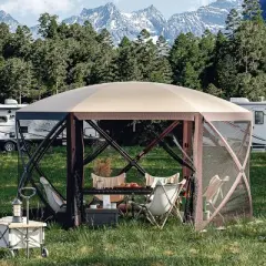 GustoWave 12'x12' Portable Hexagon Pop-Up Gazebo for Camping, Patio, Backyard, Khaki