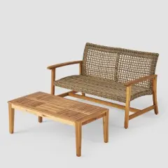 2pc Hampton Wood and Wicker Patio Loveseat and Coffee Table Set Gray - Christopher Knight Home