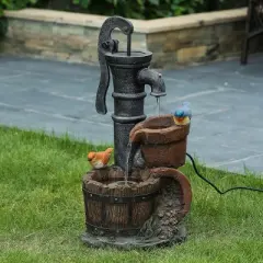 LuxenHome Resin Farmhouse Barrel and Water Pump Outdoor Fountain