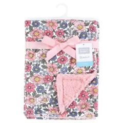 Hudson Baby Girls Plush Blanket with Furry Binding and Back, Pink Blue Pretty Floral, One Size