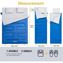 KingCamp 87x59" 2 Person 20 Degree Family Couple Sleeping Bag w/2 Pillows