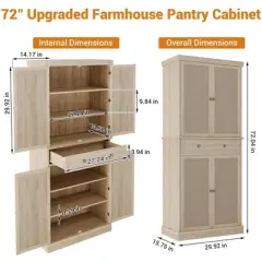 Coucheta 72" Kitchen Pantry Cabinet, Storage Cabinet with Drawer and 4 Adjustable Shelves, Rattan Doors, Wood Cupboard for Kitchen, Dining Room