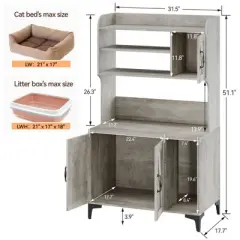coucheta Large Cat Litter Box Enclosure Furniture, 3 Open Shelves and Storage Cabinet, Cat House with Scratch Pad, Wood Pet House Side End Table