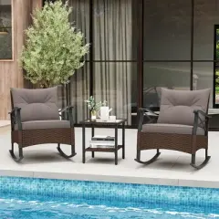 Tangkula 3 Pieces Outdoor Rocking Chairs Set Rattan Heavy Duty Cushioned Rocker Chairs with 2-Tier Tempered Glass Coffee Table
