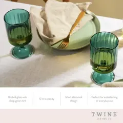 Twine Malachite Stemmed Optic Goblet Tumblers, Vintage Ribbed Drinking Glasses for Cocktails, Wine, Juice, Iced Coffee, 12 oz, Set of 2, Green