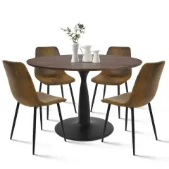 Harold+Bingo Modern 5 Piece Black Round Dining Table Set with Black Faux Leather Dining Chairs Set of 4 with Walnut Finish Legs-Maison Boucle