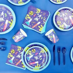Blue Panda 168 Piece Science Birthday Party Supplies, Paper Plates, Napkins, Cups, and Cutlery, Single Use, Serves 24