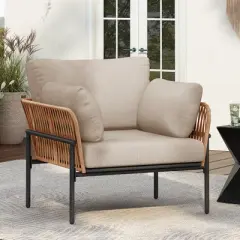 Modern Outdoor Lounge Chair, 36" Iron Lounge Chair with Rope Weave Design, Chairs with Iron Legs and PE Cushions-Coolbibila