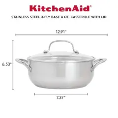 KitchenAid 3-Ply Base Stainless Steel 4qt Casserole with Lid: Round Baking Dish, Tempered Glass Lid, Dishwasher & Oven Safe