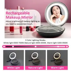 Garnen Travel Makeup Mirror with Lights, Led Lighted Travel Makeup Mirror with Cover Case, 3 Color Light mode with Dimming & 4 Brightness, Black