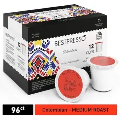 Bestpresso Coffee, Colombian Medium Roast Single Serve K-Cup Pods, 96 Count (Compatible With 2.0 Keurig Brewers) 8 Packs Of 12 Cups