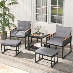Tangkula 5 Piece Patio Conversation Set PE Rattan Wicker Chairs w/ 2 Ottomans Soft Cushions