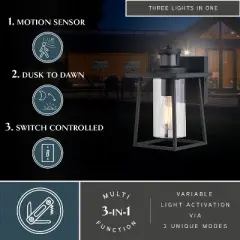 VAXCEL Geneva 7-in. W 1 Light Black Motion Sensor Dusk to Dawn Outdoor Wall Lantern Clear Glass