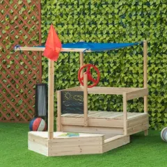 Outsunny Kids Wooden Sandbox, Covered Children Pirate Sand Boat for Outdoor, Foldable Play Station, w/ Flag, Canopy Shade, Bottom Liner, Blackboard, for 3-8 Years Old, Natural Wood