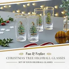 Spode Christmas Tree 15oz Highball Glasses, Set of 4 - Gold-Rimmed Elegant Holiday-Themed Glassware, Festive Holiday Drinkware for Christmas Parties