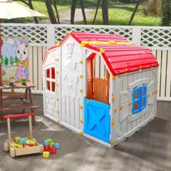 Costway Kids Playhouse Realistic Cottage Playhouse with Openable Windows & Working Door