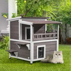 VEVOR Outdoor Cat House Weatherproof, Feral Cat Shelter for Multiple Cats, 2-story Large Outdoor Wooden Cat House with Balcony, Doors,PVC Door Flaps