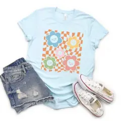 Simply Sage Market Women's Checkered Flowers And Smiley Short Sleeve Graphic Tee