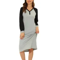 cheibear Women's Sleepshirt Pajama Dress Long Sleeves with Pockets Henley Lounge Nightgown