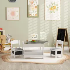 Qaba 3PCs Kids Table and Chair Set, 2 in 1 Toddler Table and Chair Set with Reversible Tabletop Blackboard, Storage & Bookshelves