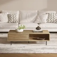 LuxenHome Mid-Century Modern Coffee Table, Wave Design Wood Table with Metal Legs, Drawer & Shelf, Farmhouse Accent Table for Living Room Brown