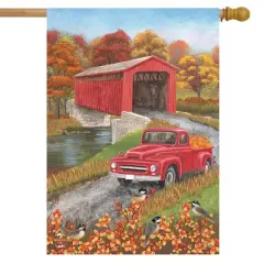 Briarwood Lane Autumn Bridge House Flag Fall Pickup Truck Covered Bridge 28" x 40"