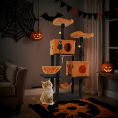 Angel Sar 61" Halloween Cat Tree with 2 Condos, 2 Hammocks & Perches, Large Cat Tower with Scratching Posts for Multiple Cats, Orange & Black