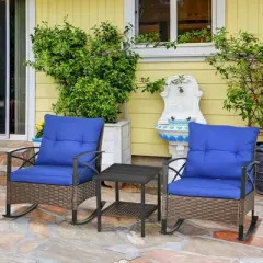 Outsunny 3 Piece Rocking Wicker Bistro Set, Outdoor Patio Furniture Set with two Porch Rocker Chairs, Cushions, Two-Tier Coffee Table