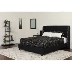 Emma and Oliver Queen Accent Extended Panel Platform Bed/Mattress-Black Fabric