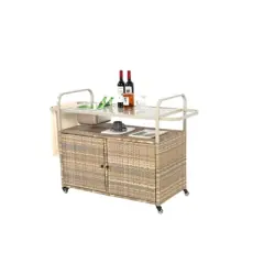 DSVIMOY Outdoor Bar Cart with Cabinet, Patio Serving Cart with 1 Ice Bucket, Lockable Wheels, Side Basket, Beige, 51.57"*19.69"*35.83"