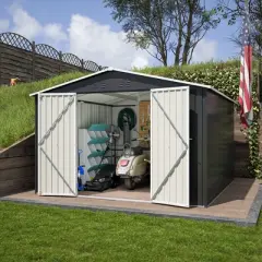 10x10 FT Grey Outdoor Storage Shed Large Metal Tool Sheds with Updated Frame Structure and Lockable Doors Garden Shed