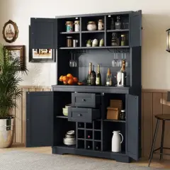 Gulches Timeless Multi Functional Coffee and Wine Bar Cabinet Open Shelves, 9 Grid Bottle Holders, 6 Hooks and Durable Build