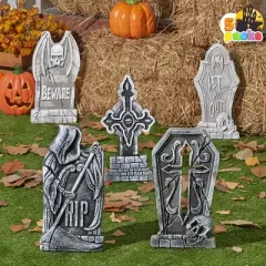 Joyfy 5pcs 17" Halloween Foam Tombstones Decoration, Halloween Graveyard Headstone Prop Cemetery Decoration with 12 Metal Stakes, Outdoor Yard Lawn