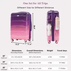 Gulches 3-Piece Luggage Set - 20" Carry-On with USB Port, Airline Certified, ABS+PC Hard Shell, Spinner Wheels, Purple & Pink