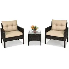 Costway 3PCS  Patio Rattan Conversation Set Cushioned Sofa Chair for Garden