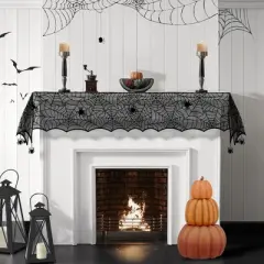 Crawling Halloween Spider Lace Table Runner and Mantle Scarf - 13" x 70" - Black - Elrene Home Fashions