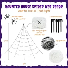 Wrapables 16ft Giant Triangular Spider Web Kit with Cobwebs and 2 Small Spiders, Indoor Outdoor Haunted House Halloween Decor