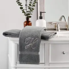 Juvale 2 Pack Letter H Monogrammed Hand Towels, Gray Cotton Hand Towels with Silver Embroidered Initial H for Wedding Gift, Baby Shower, 16 x 30 in