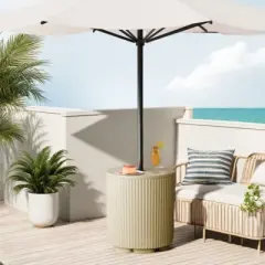 SEVOBAL Umbrella Bases Heavy Duty Market Stand with Table and Storage Wind Resistant All Weather Design for Patio Deck, Beige, 14.8"*14.8"*16.7