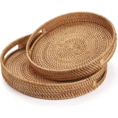 BRINJOY 11.8" Round Woven Tray with Handles - Natural Rattan Coffee Table Decor, Serving Tray for Kitchen & Home