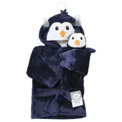 Luvable Friends Infant Boy Plush Bathrobe and Toy Set, Boy Penguin, 0-9 Months