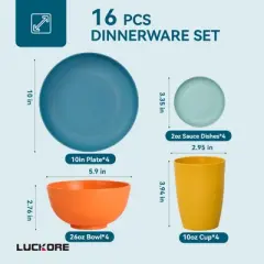 Itopfox Wheat Straw Dinnerware Set-16 Unbreakable Plates, Bowls, Cups & Sauce Dishes, Microwave & Dishwasher Safe for Kitchen, Parties & Camping