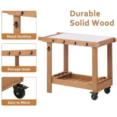 Outdoor Wooden Garden Cart Table with Wheels, Metal Top and Storage Hook, for Patio Backyard Garden
