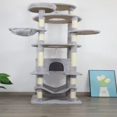 SEVOBAL Pet Tower Multi-Level with Spacious Condos, Scratching Posts, Sturdy for Multiple Cats with Perches, Toys, Light Grey, 26.38"*26.38"*10.63"