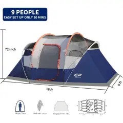 Cesicia 16 FT Blue 9 Person Camping Tent with Top Rainfly and 4 Large Mesh Windows