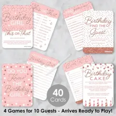 Big Dot of Happiness Pink Rose Gold Birthday - 4 Happy Birthday Party Games - 10 Cards Each - Gamerific Bundle