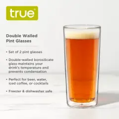 True Double Walled Beer Glasses - Insulated Pint Glasses - Double Wall Glasses - Beer Mugs Clear 16oz Set of 2